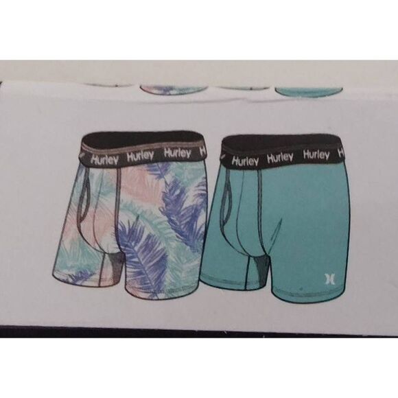 HURLEY 2 PK MEN'S BOXER BRIEF SZ S NIB GREEN SOLID & TROPICAL PRINT - Picture 2 of 8